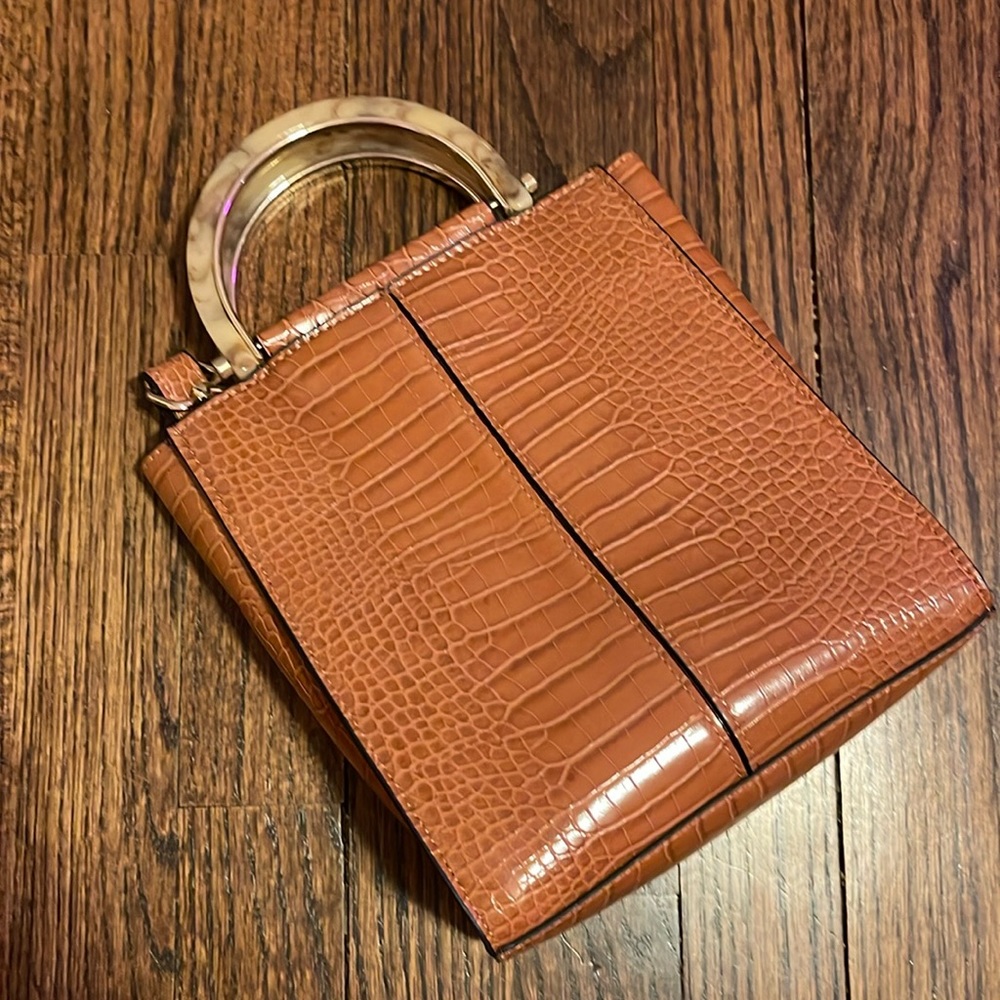 Circle handle faux crocodile crossbody bag